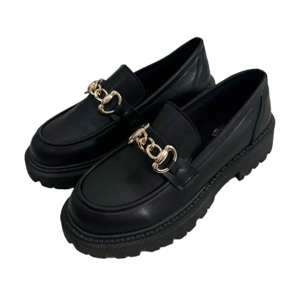 Lug Sole Loafers Black Gold Chain Embellished Chunky Sole Polished NWOT Size 40 - Picture 2 of 10